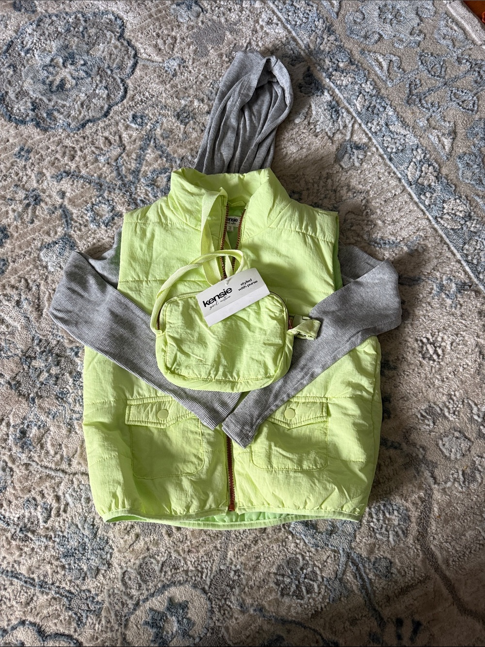 Kensie Kids Neon Yellow Puffer Vest with Gray Hooded Layer & Mini Bag